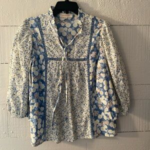 Solitaire Blue Floral Embroidered Crochet Peasant Blouse Top Size Medium Boho